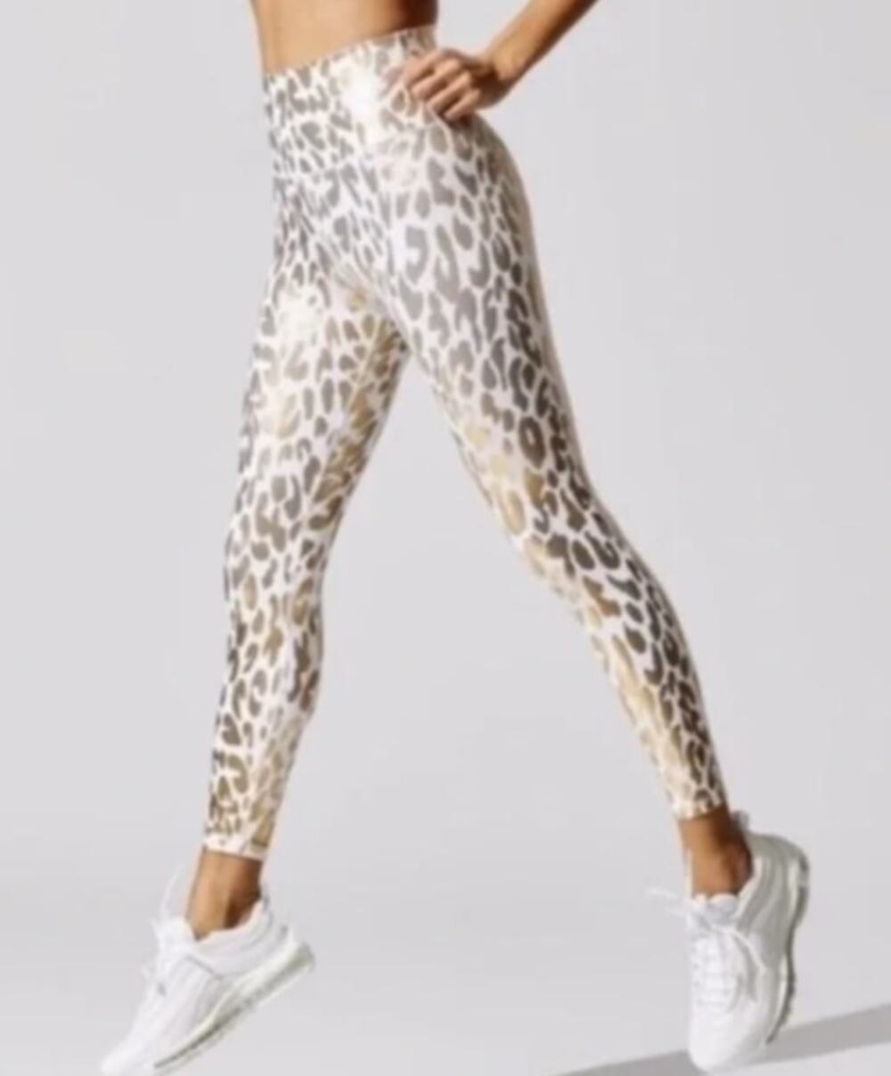 Carbon38 Metallic Leopard High Rise 7/8 Legging Wide Waistband White Gold Small